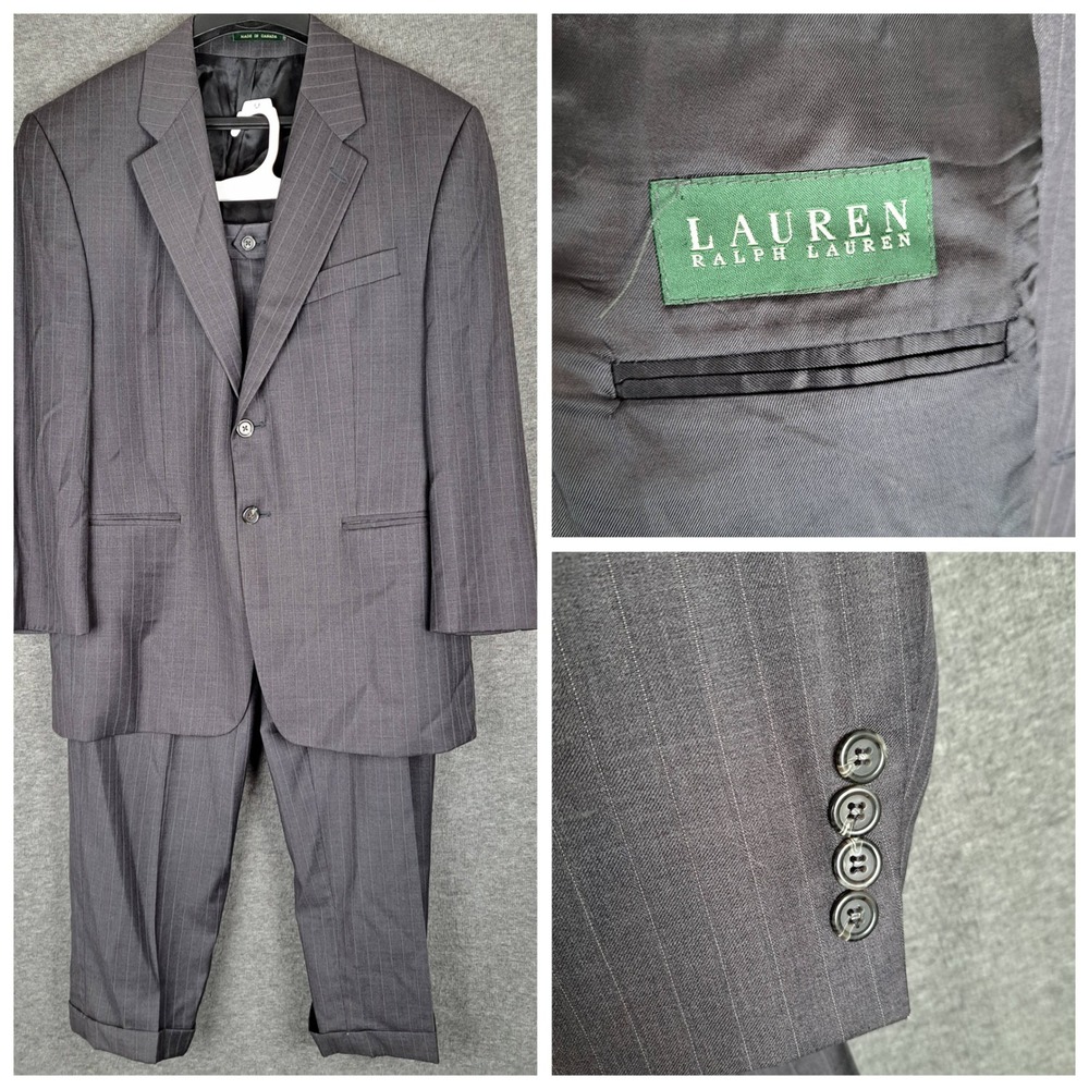 Lauren Ralph Lauren Suit Mens 42R 34x27 Charcoal Grey Pinstripe Pure Wool 2pc